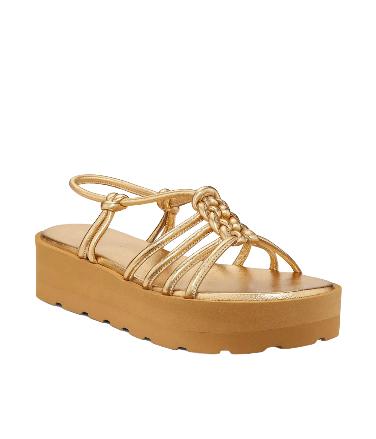 ALT Text: Gianvito Rossi Hebe metallic leather flatform sandals with a knotted cage upper, tubular elastic ankle strap, and a 55mm platform sole in a Mekong gold finish.