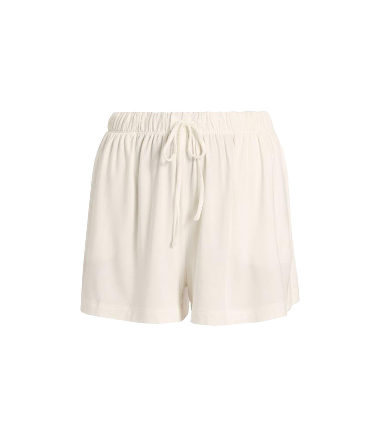 ALT text: Soft TENCEL™ Modal mid-rise relaxed shorts with an elastic waistband, drawstring tie, side pockets, and side slits, styled for ultimate comfort.