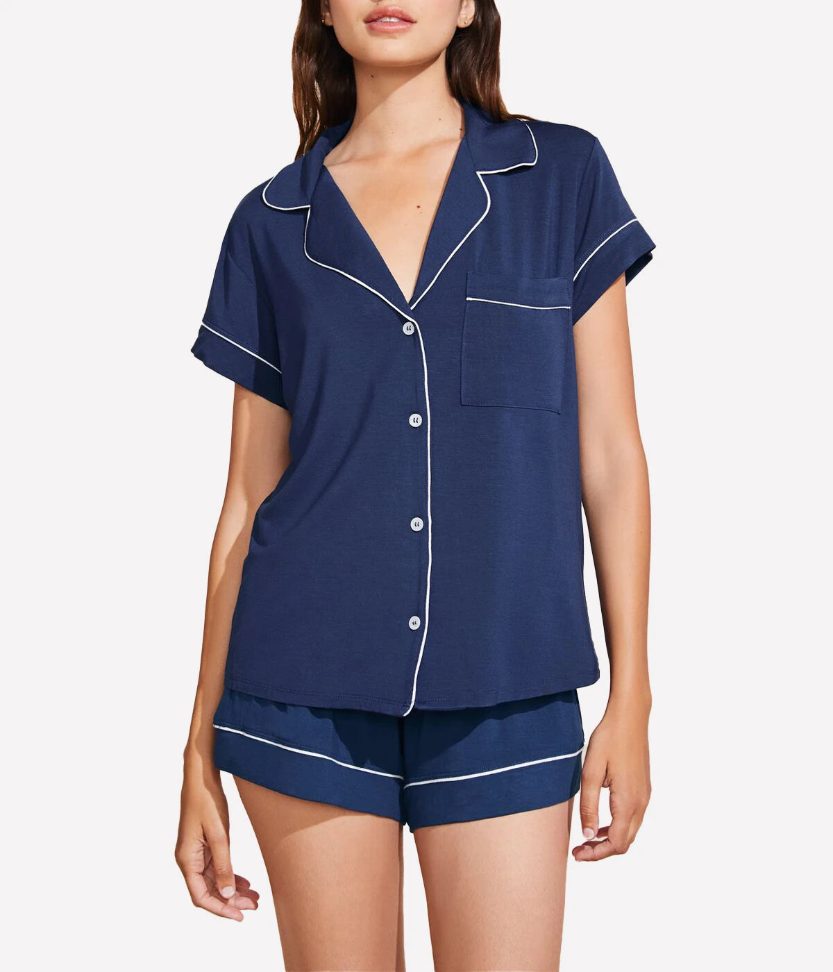 ALT Text: Relaxed-fit button-down top and mid-rise shorts with tortoise-colored buttons and contrast piping for a stylish lounge look.