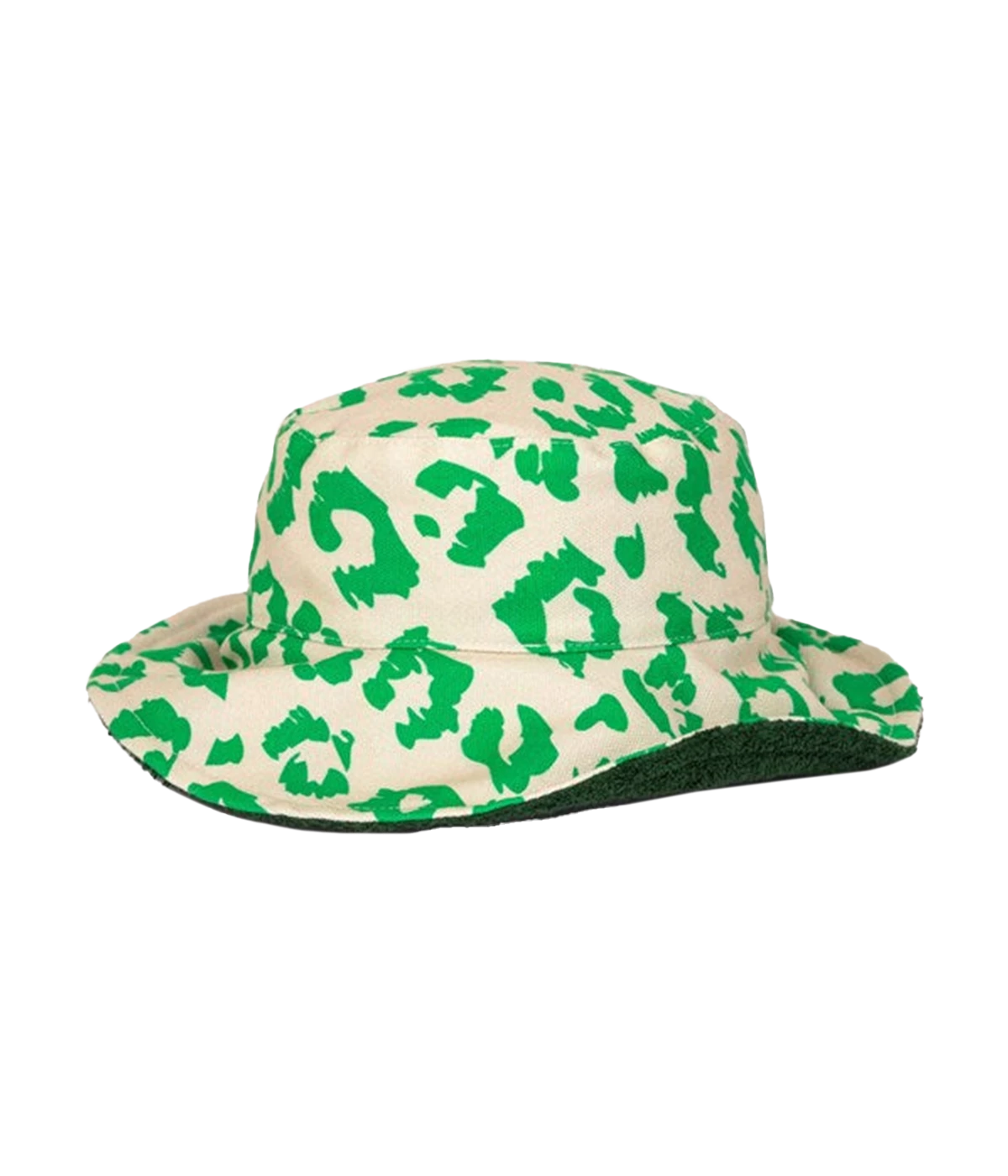  Double-sided bucket hat featuring a fluorescent jungle print on one side and absorbent cotton terry on the other, perfect for stylish beach days.