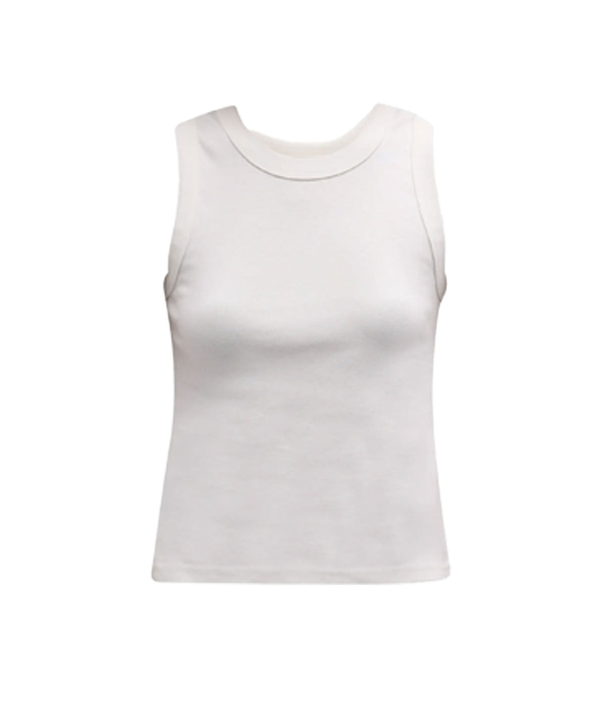 ALT text: White ribbed tank top with wide straps and a crew neckline.