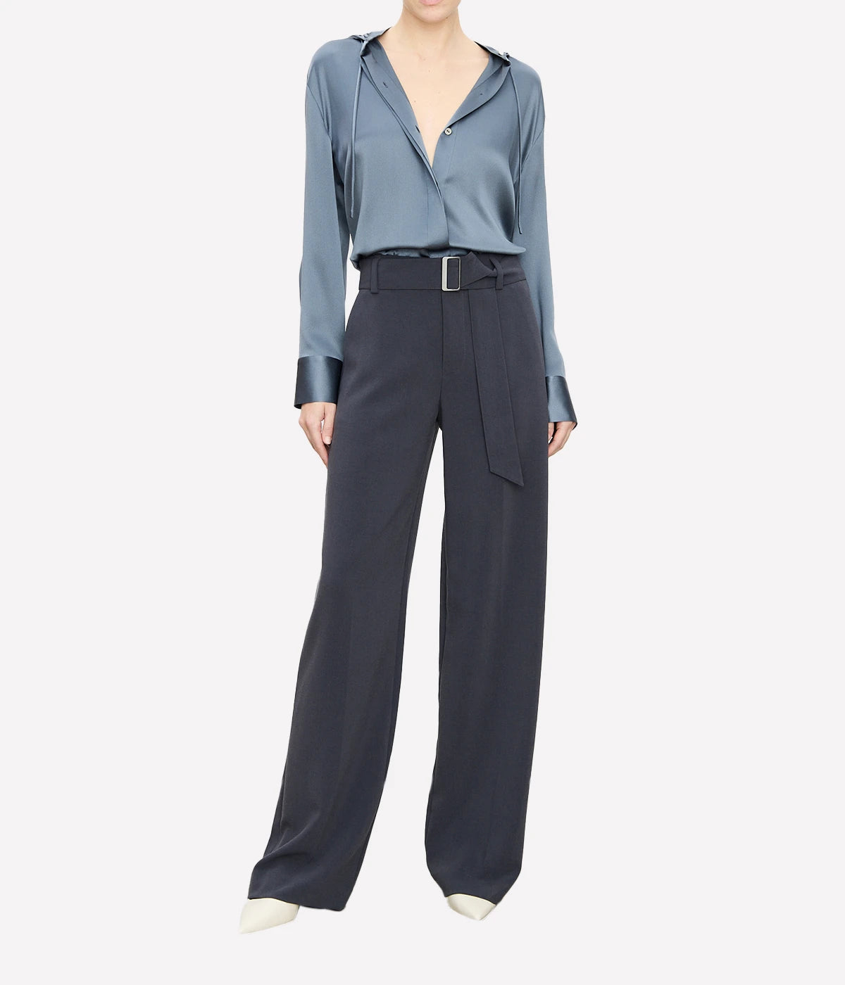 High Waisted Belted Wide Leg Trouser in Graphite