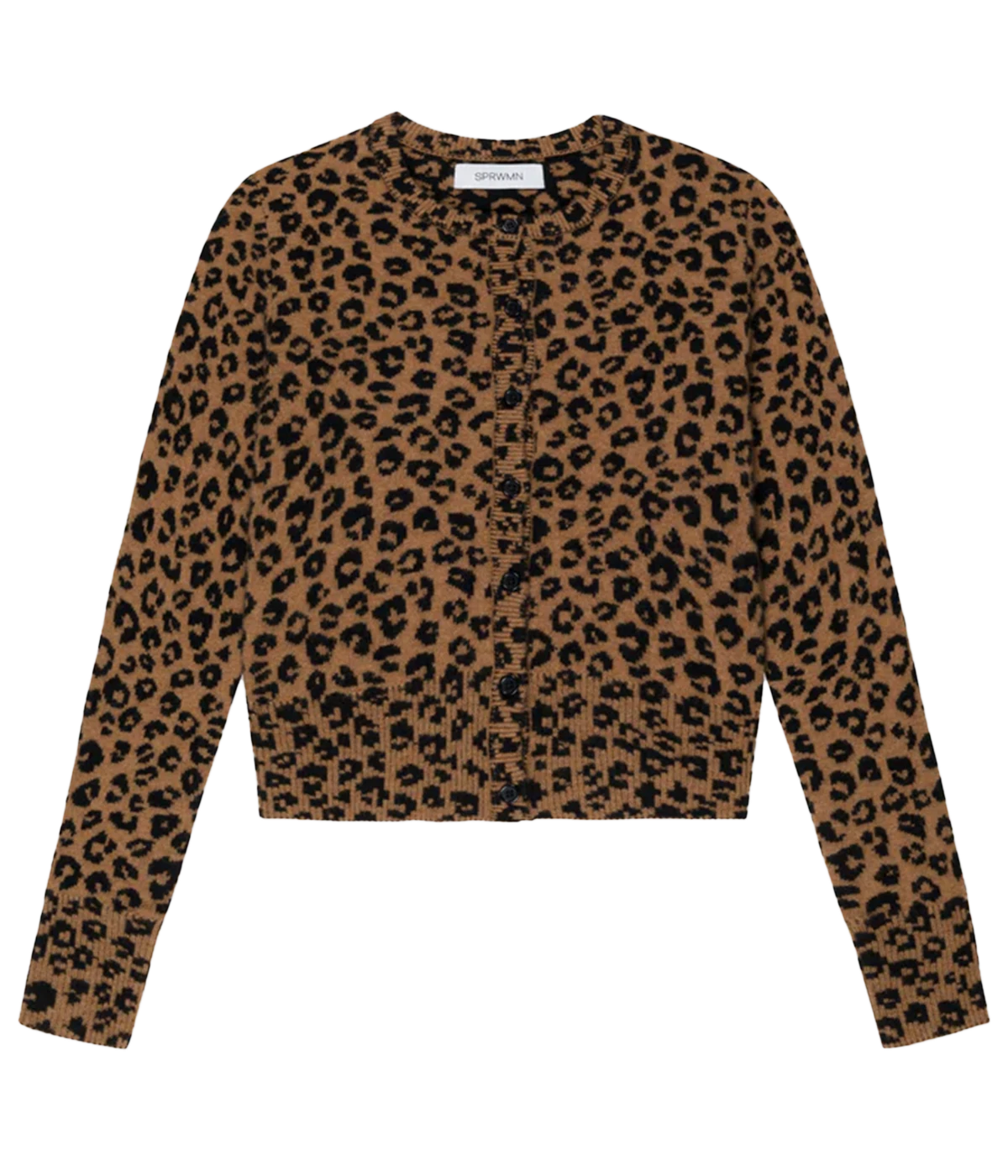 ALT text: SPRWMN baby cardigan in leopard print, crafted from 100% cashmere with a crew neckline and slim fit.