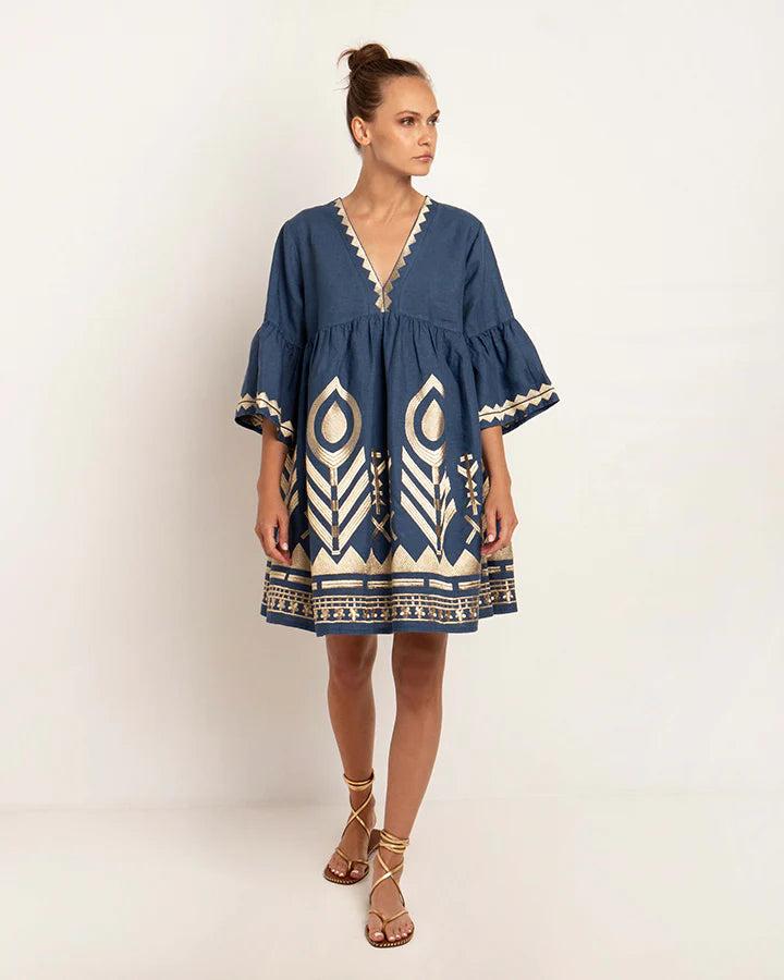 V Neck Feather Dress in Indigo Gold