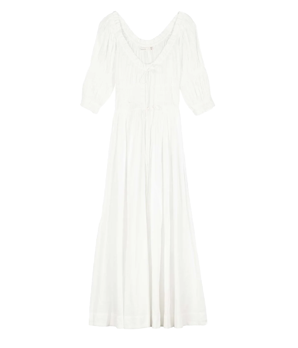 

ALT text: Ischia Dress in organic cotton and viscose with double-puffed sleeves, a smocked bodice, and an ankle-grazing A-line skirt.