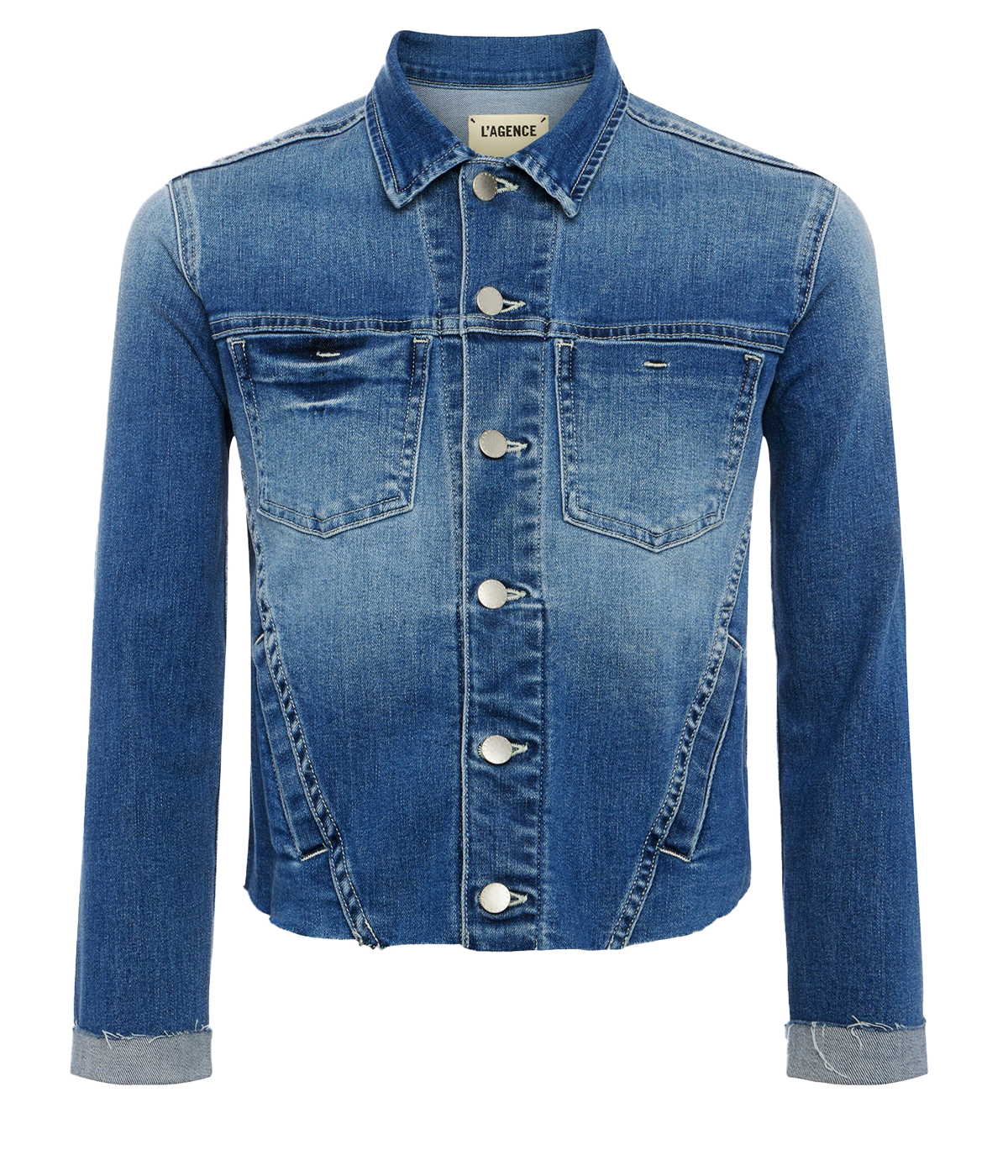 ALT text: Slim-fit denim jacket in aged indigo with raw hem and waist-defining seams.