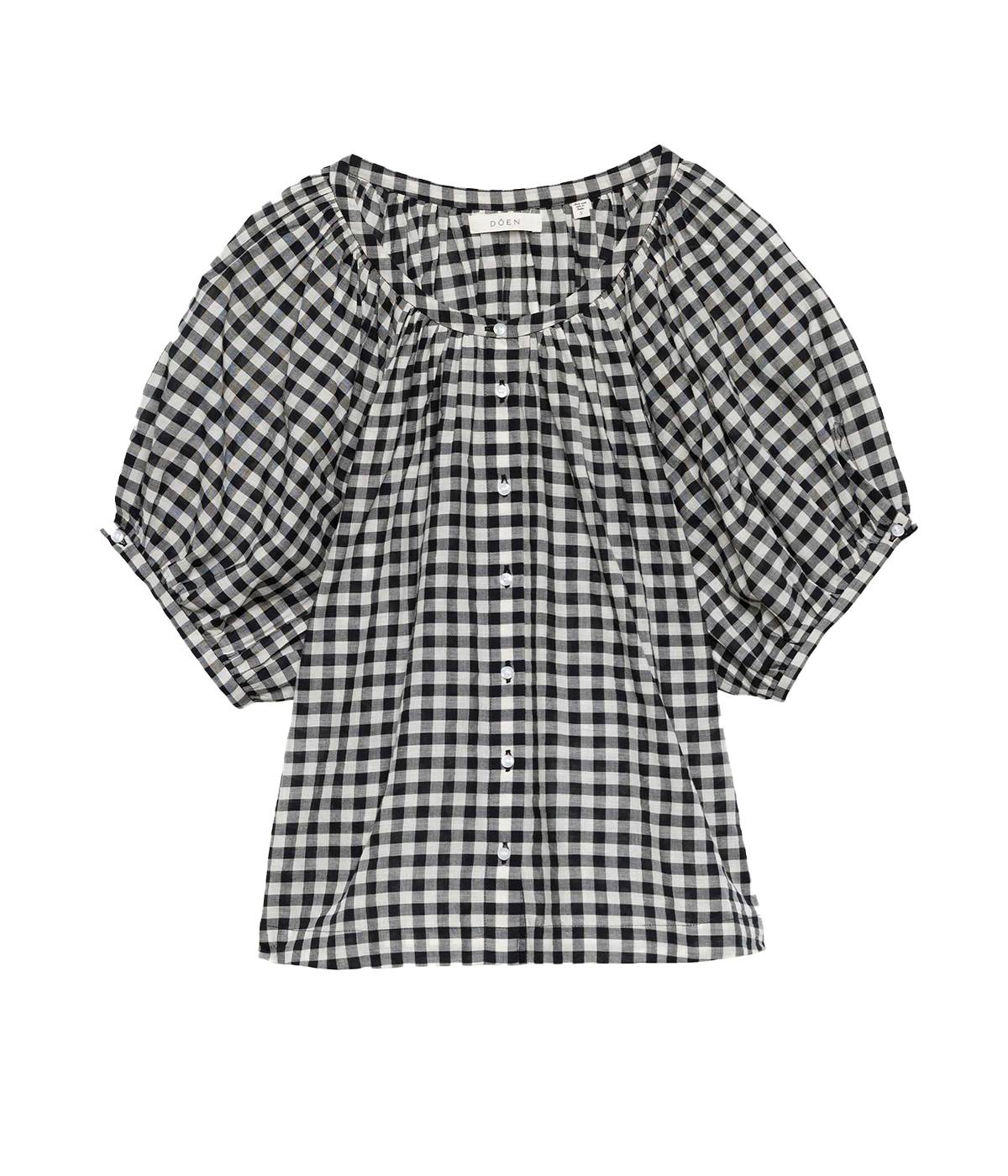 ALT text: Gingham short-sleeved blouse with a scoop neckline, raglan sleeves, and button-down front.