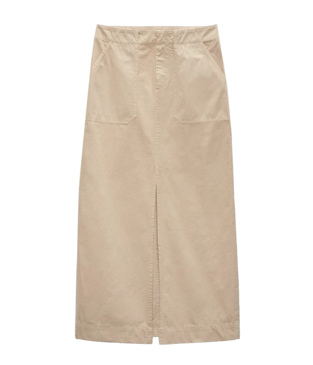 ALT Text for Product Image: Maxi skirt in lightweight Italian cotton with utilitarian details, including a zip closure and keeper button, styled for casual and polished looks.