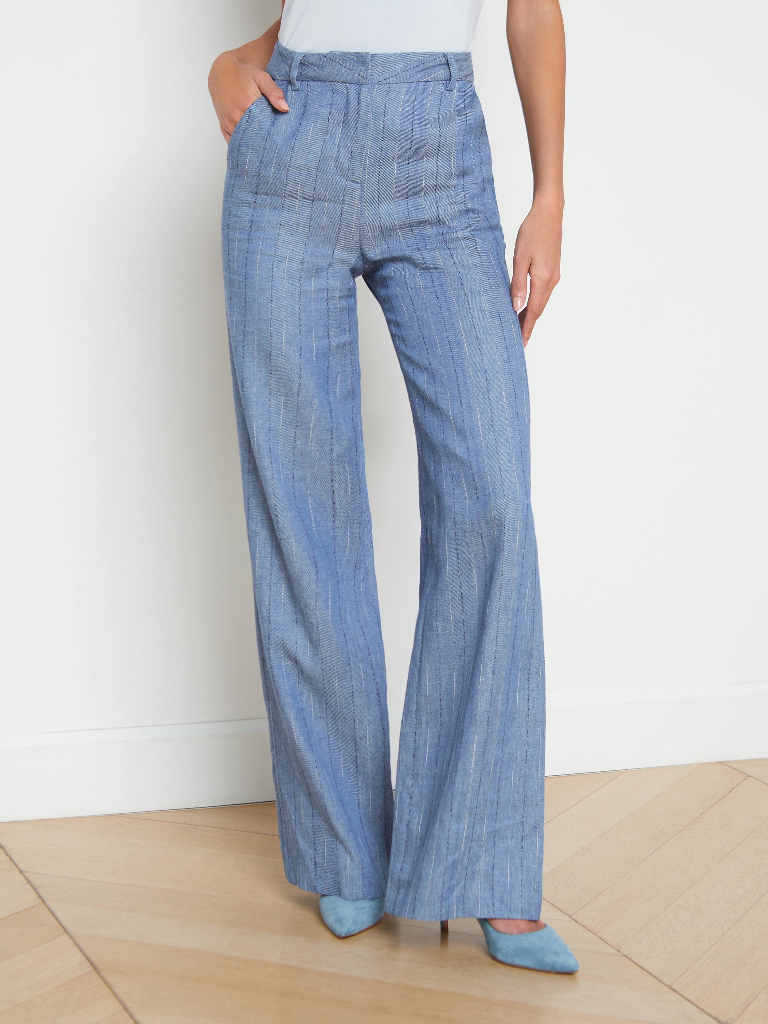 Livvy Straight Leg Trouser in Slate Blue Pinstripe