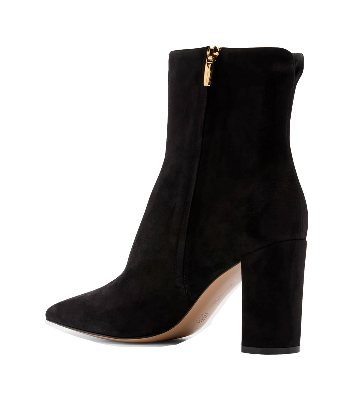 Sophisticated black suede boots with a pointed toe, 85mm block heel, and sleek pull-on design, perfect for day-to-night wear.