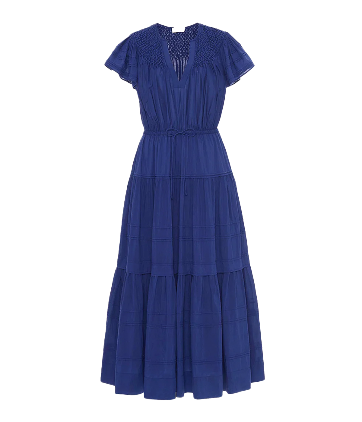 ALT text: Blue short-sleeve dress with handmade smocking, drawstring waist, and flowing hem volumes.