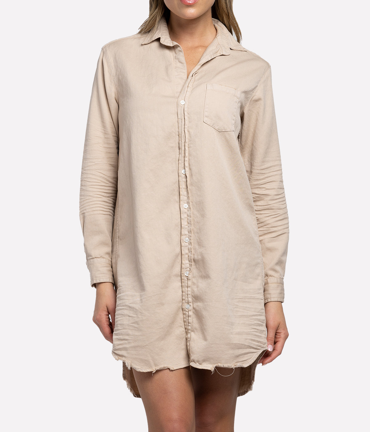 Mary Woven Denim Button Up Dress in Sand Tattered Denim