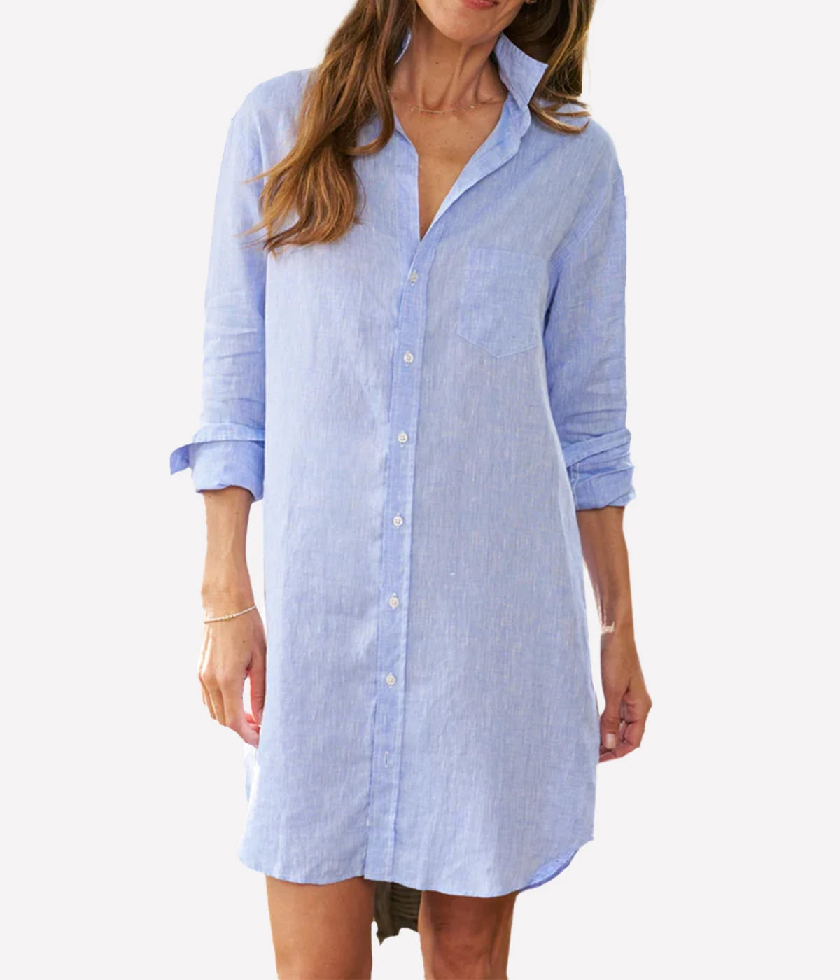 Mary Woven Button Up Dress in Light Blue