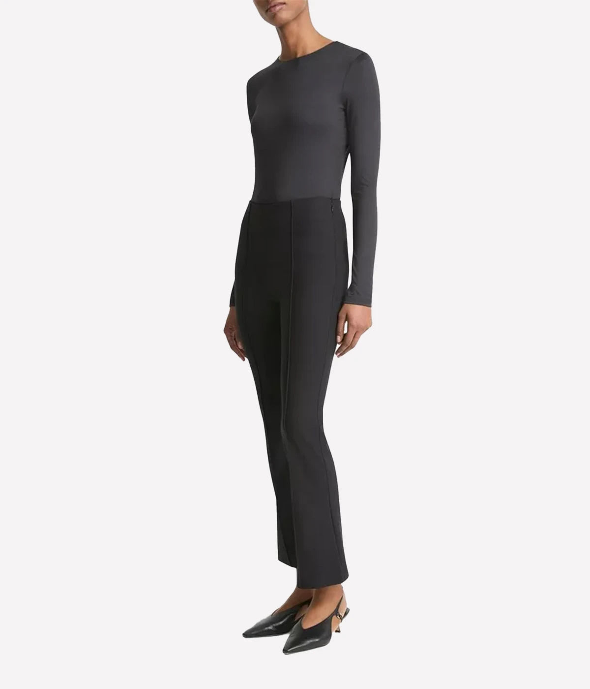 Mid Rise Pin Tuck Crop Flare Pant in Black