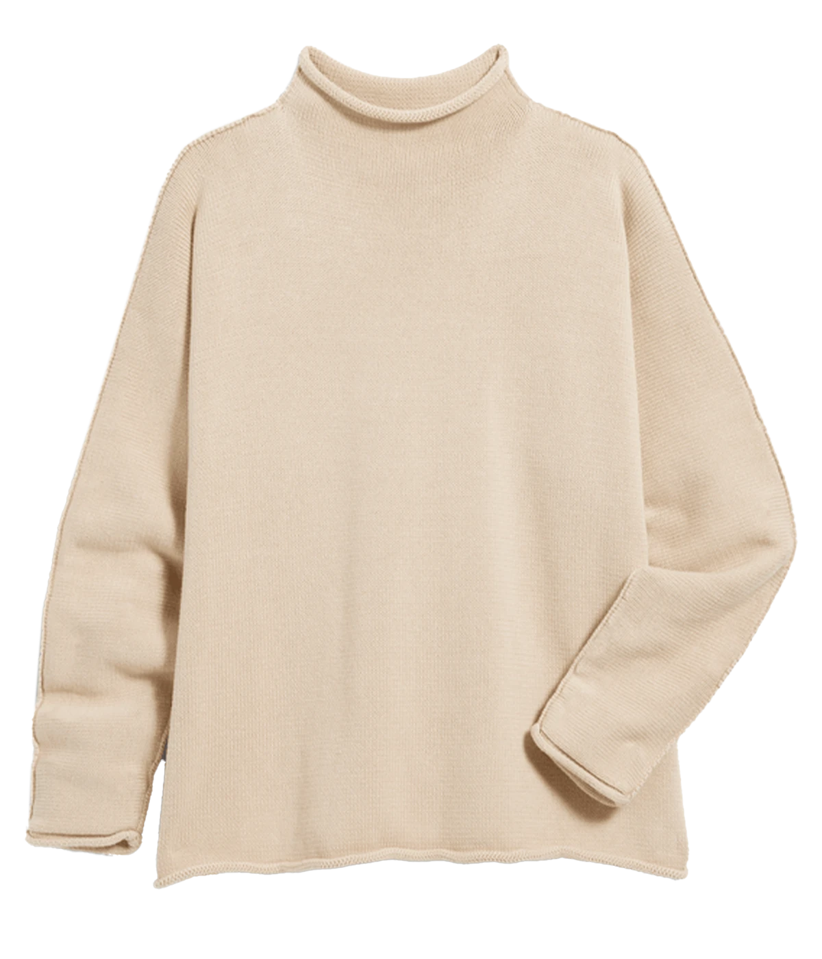 ALT Text: Luxurious cotton sweater featuring a rolled funnel neck, long continuous sleeves with exposed seams, and a soft yarn-dyed finish.