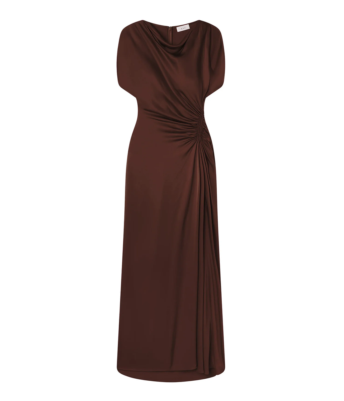 Elegant Cowl Neckline: The fluid satin fabric drapes elegantly to create a flattering, feminine shape, ideal for formal events.
Graceful Movement: Short sleeves with slits and a draped hemline allow for fluid, graceful movement, making this gown both stylish and comfortable.
Flattering Design: Gathering along the curved seam through the hip accentuates your figure, creating a beautiful silhouette.