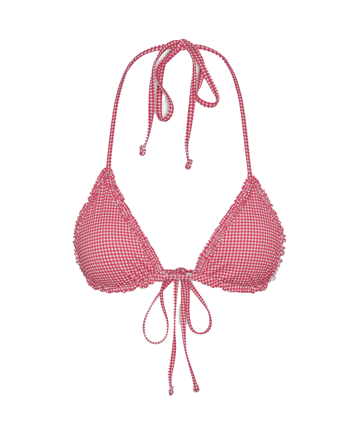 ALT Text: Halter-style triangle bikini top with adjustable ties, ruffle trim, and Ladybug Gingham pattern for a playful, flattering look.