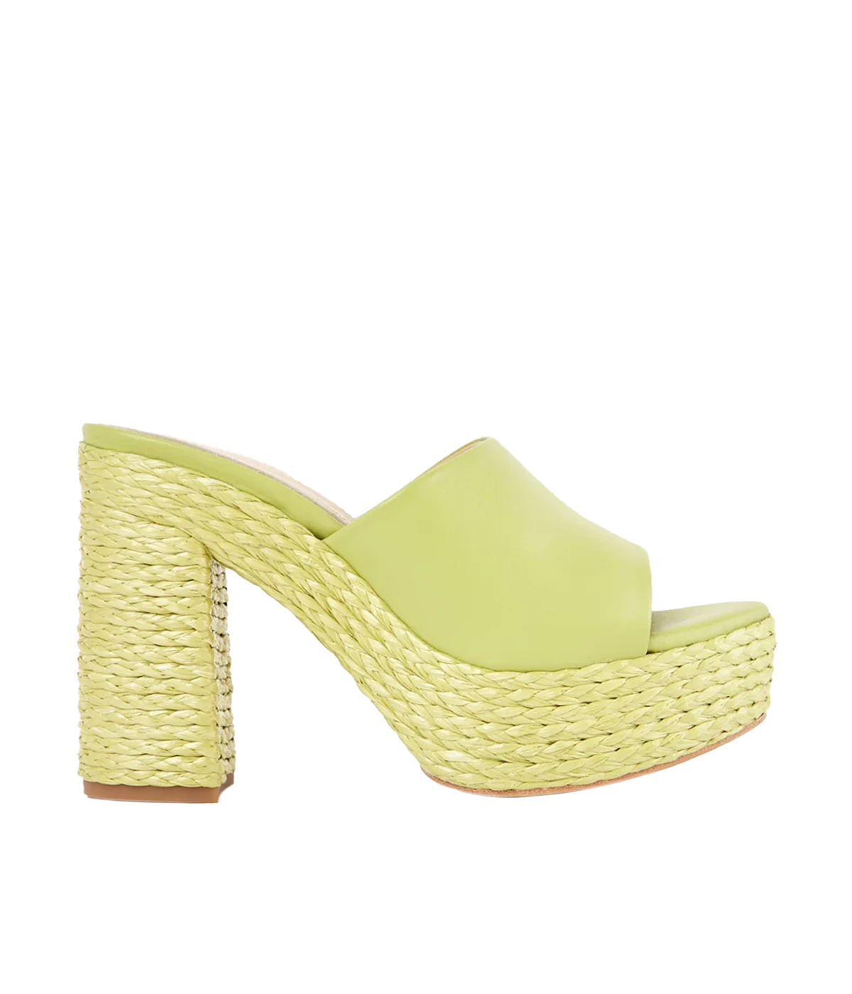 ALT Text: Lime platform sandals with raffia-covered heels, leather construction, and a nonslip leather sole, perfect for adding a pop of colour to any outfit