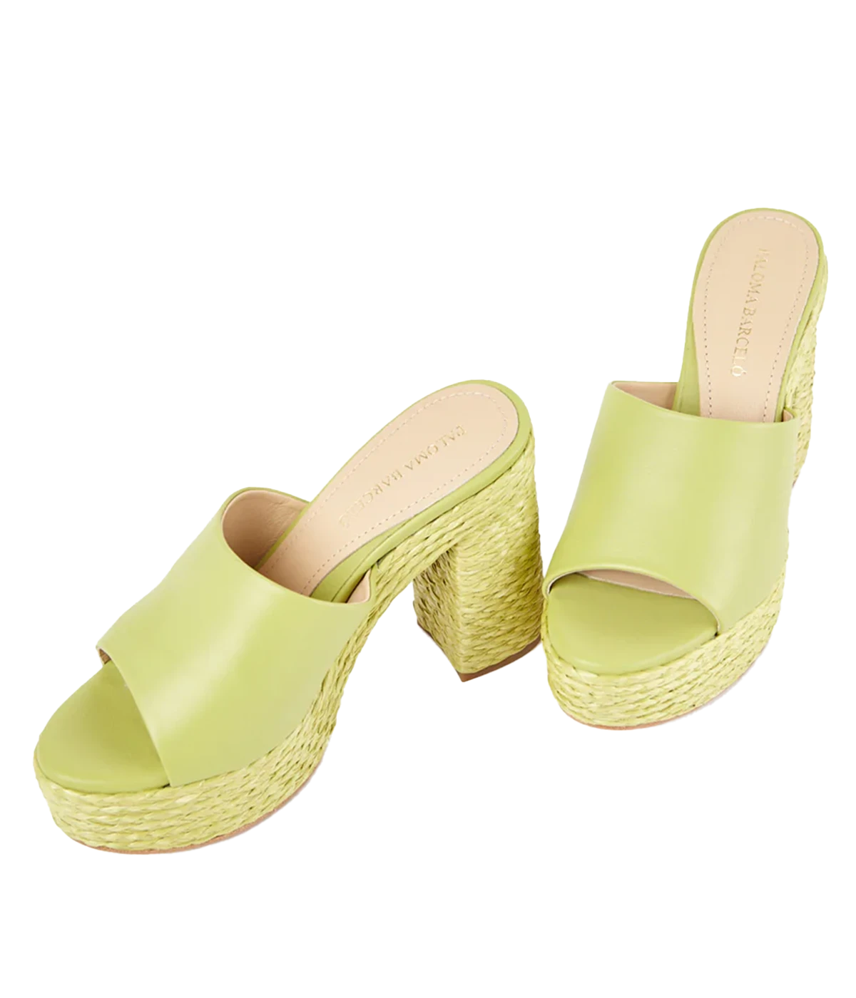 ALT Text: Lime platform sandals with raffia-covered heels, leather construction, and a nonslip leather sole, perfect for adding a pop of colour to any outfit