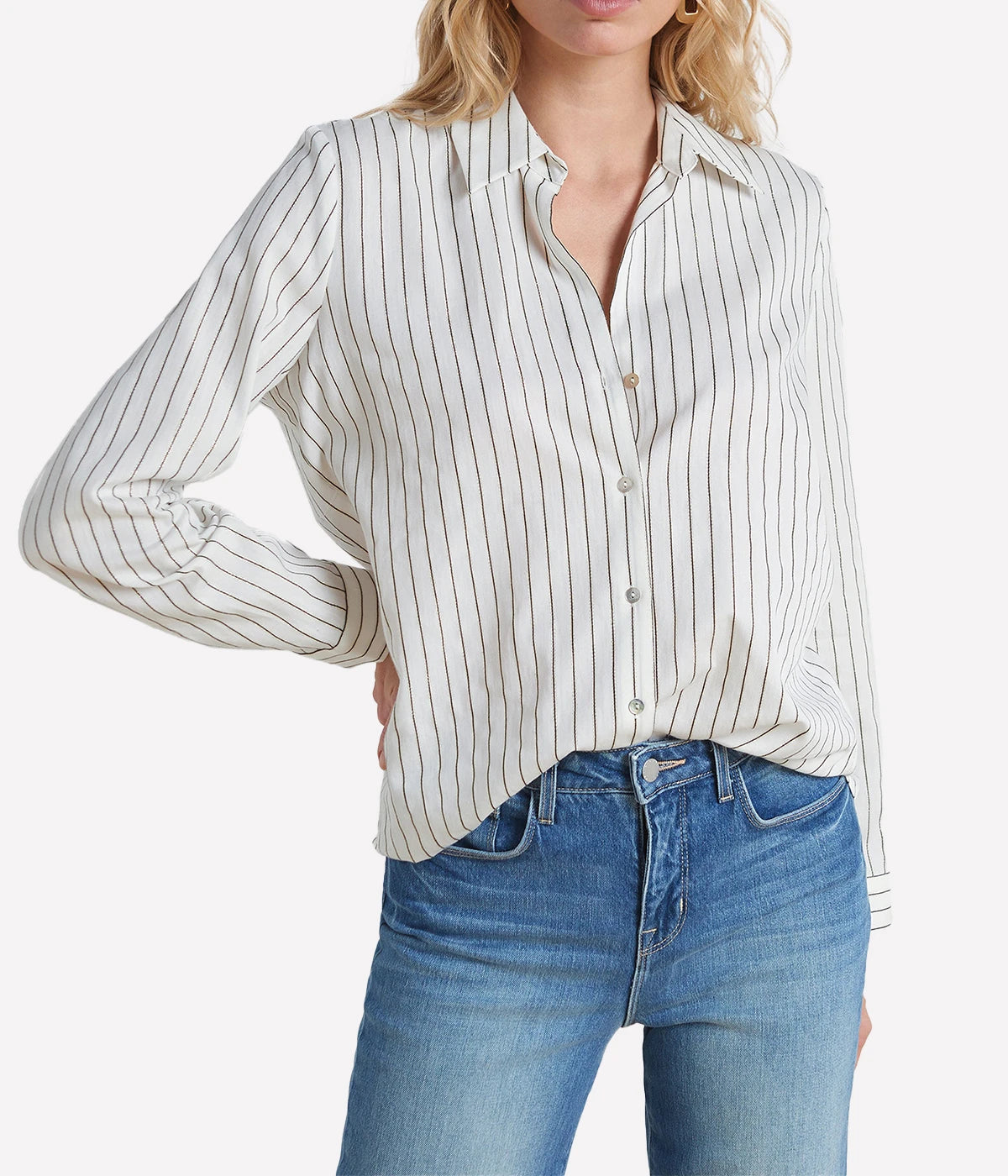 Nina Long Sleeve Blouse in Ivory Black Gold Stripe