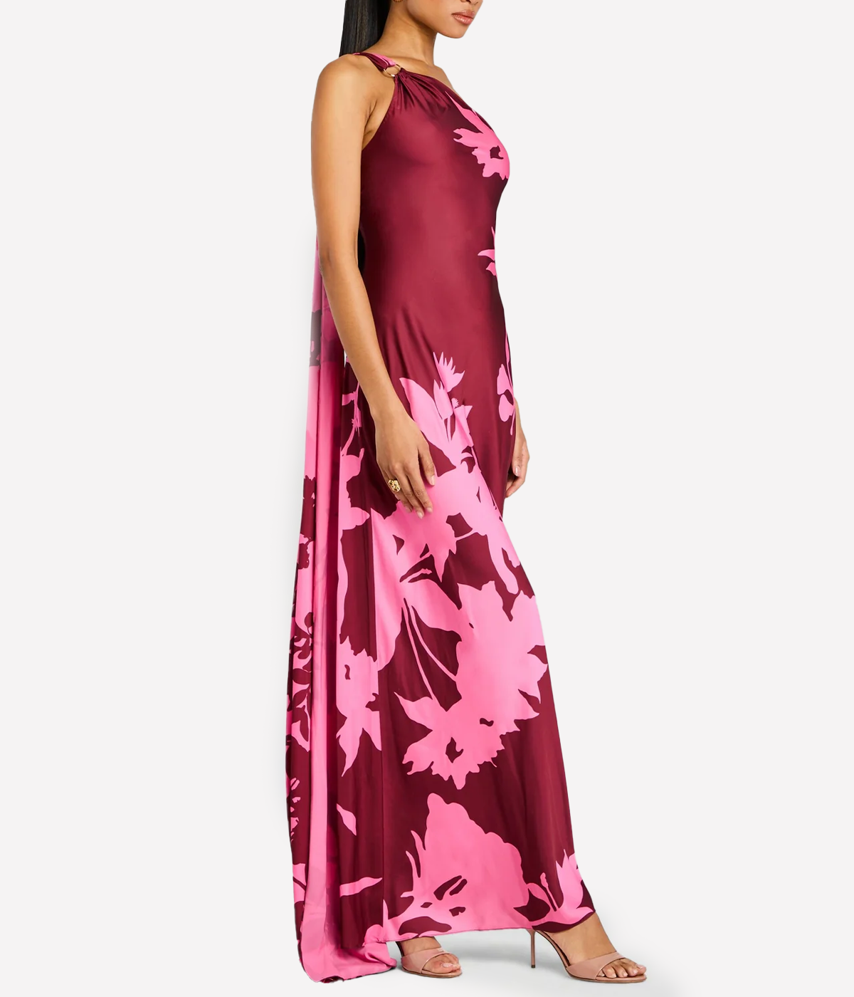 One Shoulder Long Dress in Black Magenta