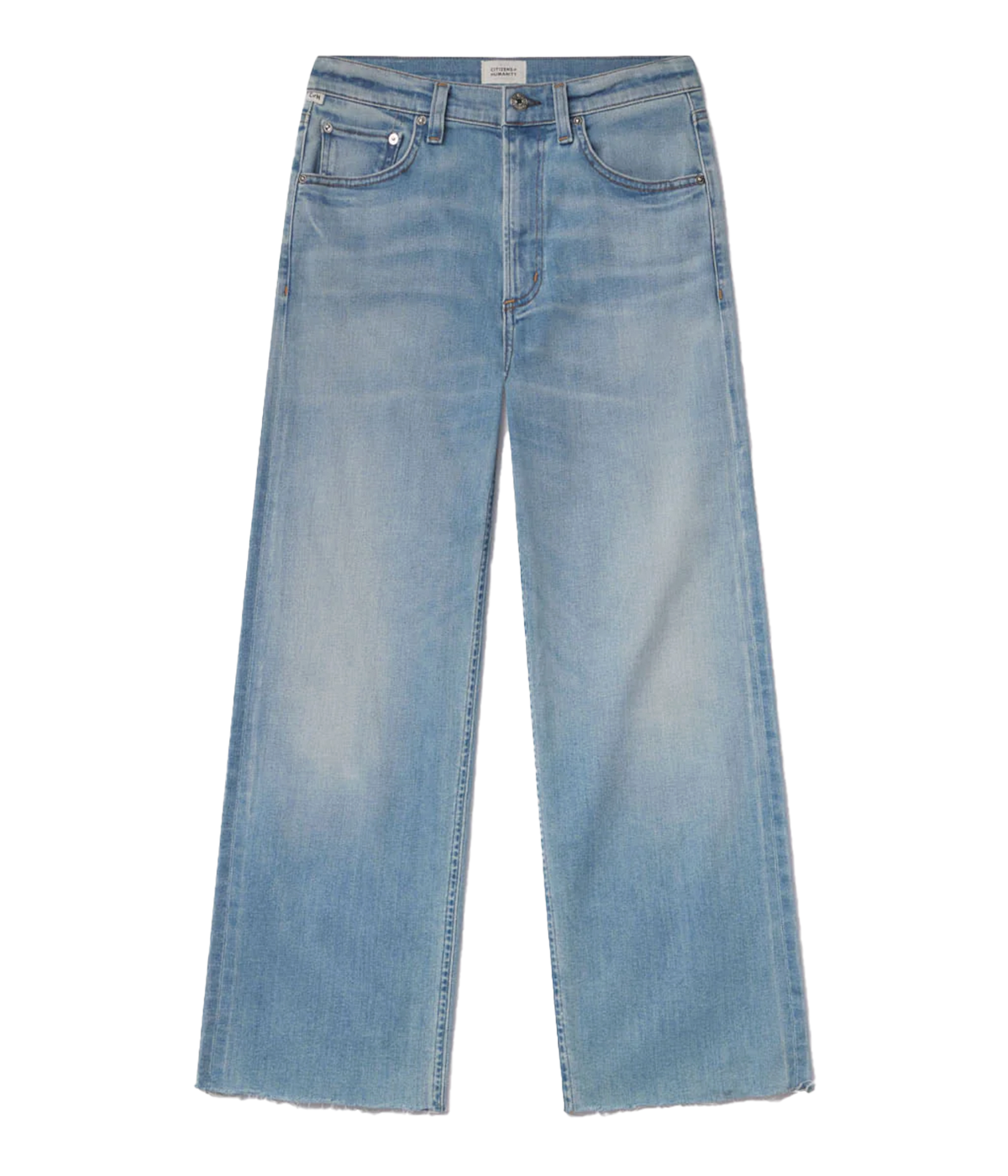 ALT text: High-rise straight-leg jeans in light indigo with fading and subtle whiskering.