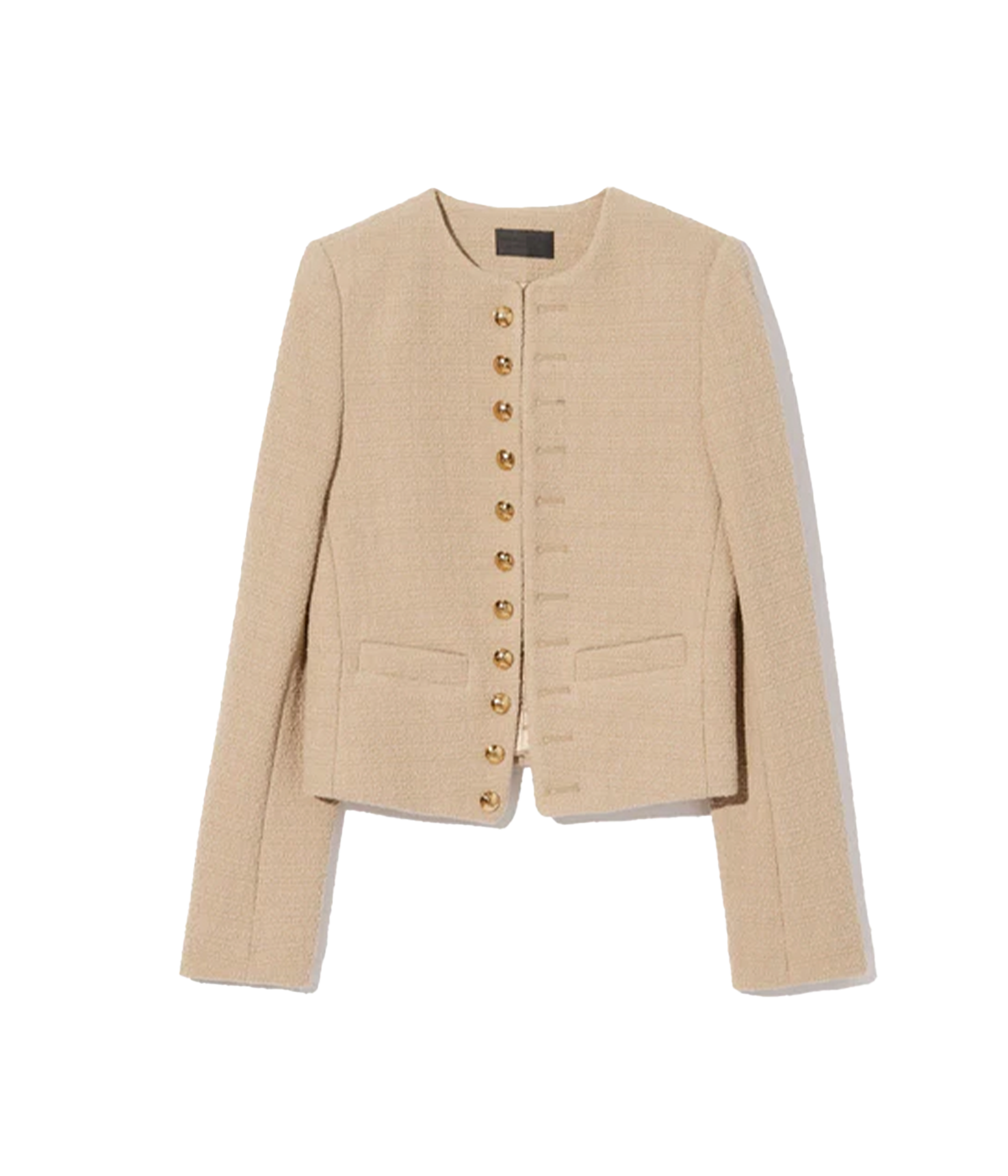 ALT text: Slim cropped open jacket in Italian bouclé with shoulder pads, welt pockets, and decorative antique brass crest buttons.