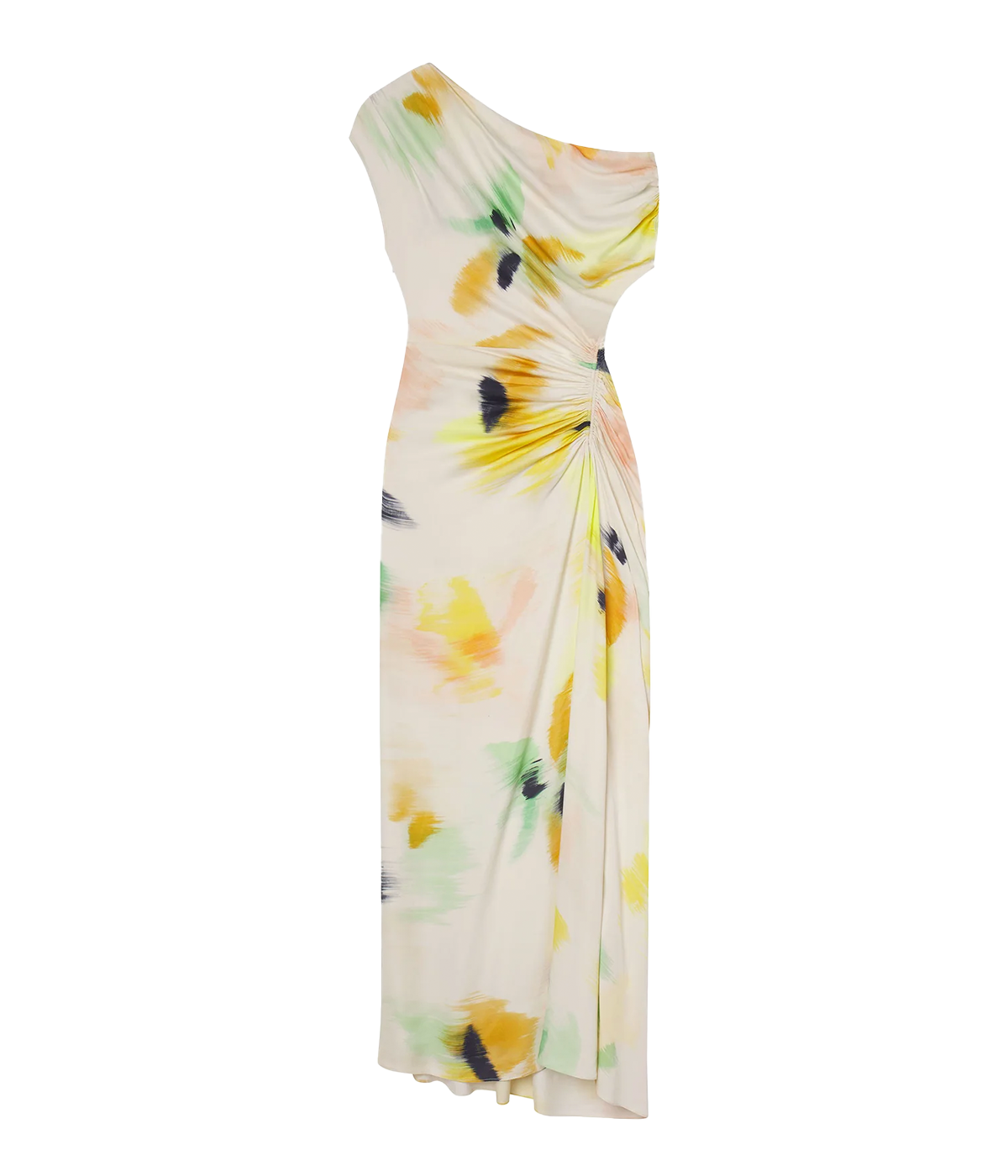 ALT text: Abstract floral viscose dress with a draped one-shoulder neckline, ruched waist, and ankle-length silhouette.