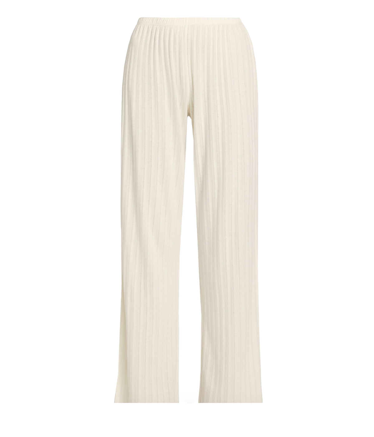 ALT text: Comfortable mid-rise straight leg pants with elastic waistband and lettuce edge hem, perfect for everyday wear and styled for relaxed versatility.