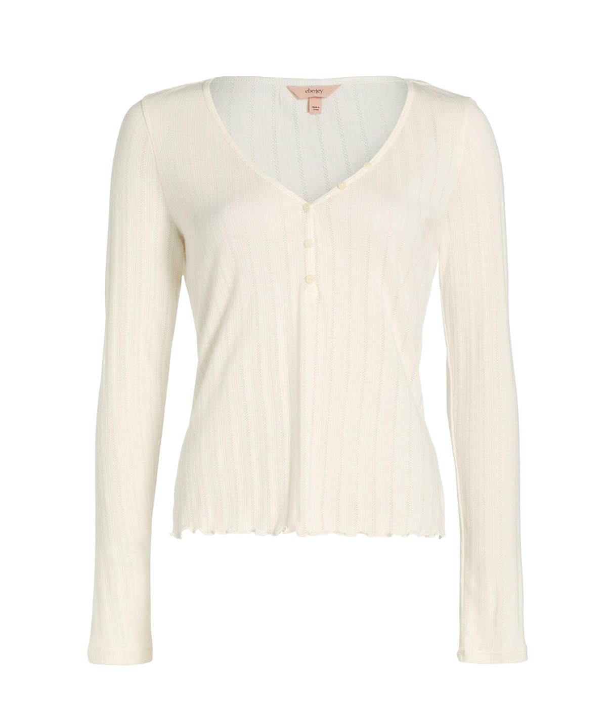 Pointelle V Neck Henley in Ivory