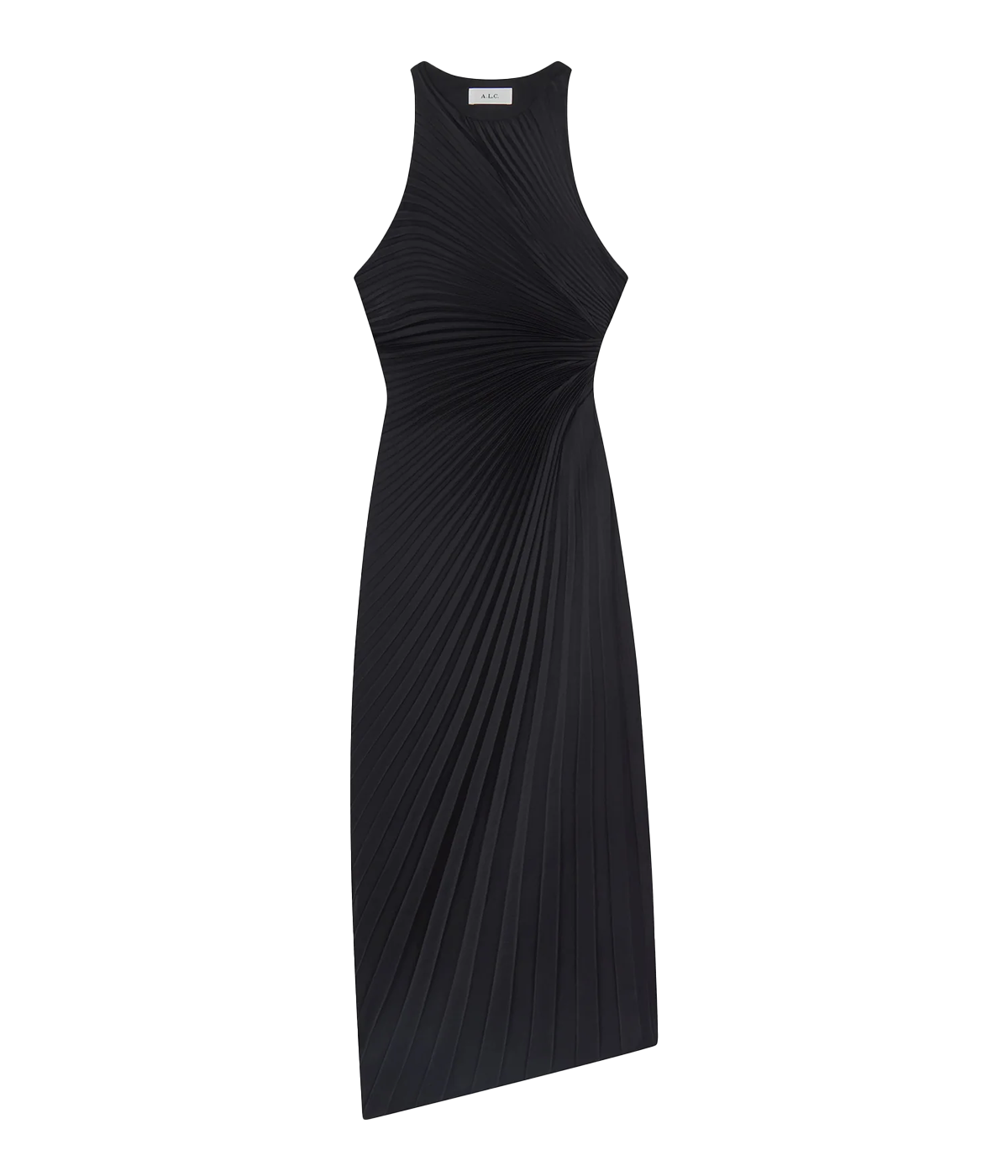 Alt Text: A full-length black satin gown with a high neckline, asymmetrical draping, ruching at the waist, and a side slit with pleating details.