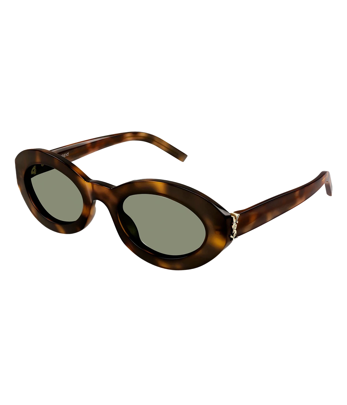 ALT Text: Yves Saint Laurent sunglasses in narrow oval shape, featuring the YSL monogram logo on the hinge and crafted from recycled acetate.