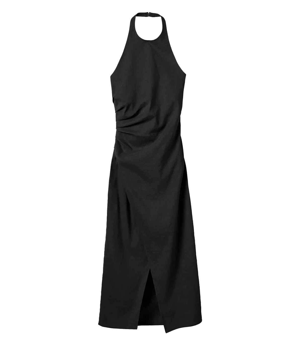 ALT text: Black halter-neck dress with ruching, an open back, and an asymmetrical wrap skirt.