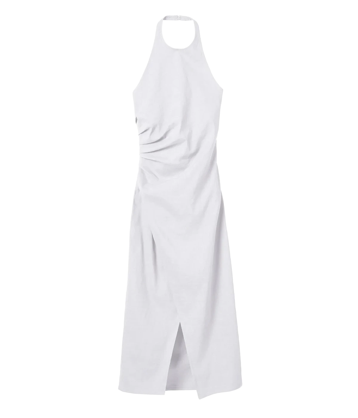 ALT text: White halter-neck dress with ruching, an open back, and an asymmetrical wrap skirt.