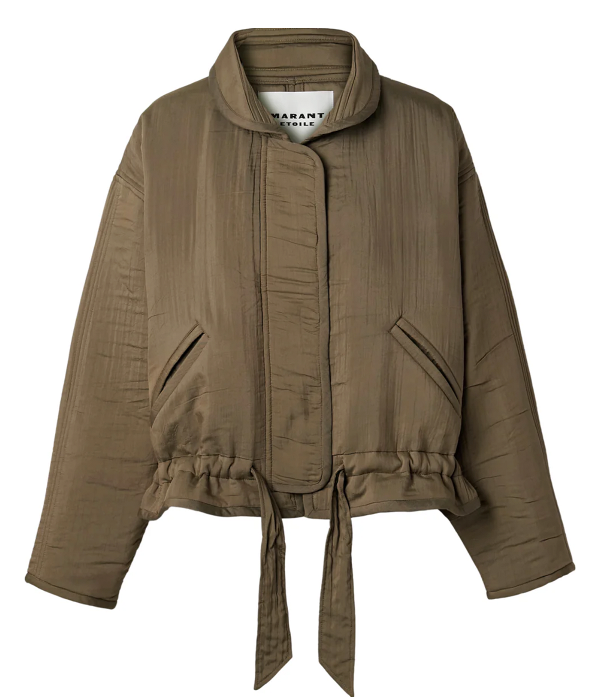 ALT Text: Khaki cotton jacket by Isabel Marant with button-up front, spacious pockets, and oversized fit.