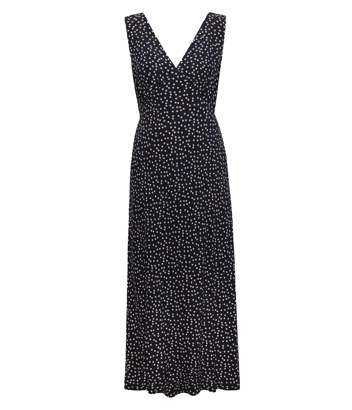 A figure-hugging dress navy and white polka dot dress, made of one hundred percent viscose, this is a lightweight dress for any occasion. With a lined bust, this dress is bra friendly and flattering.