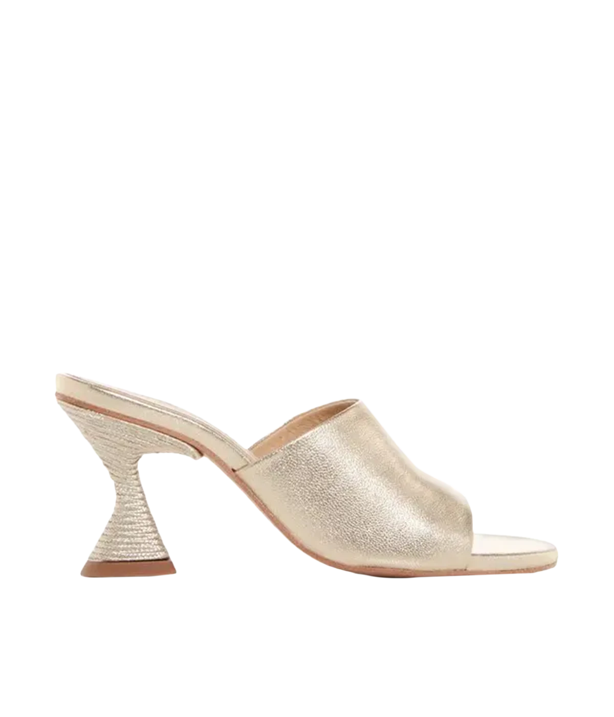 Stylish champagne-coloured mules with a distinctive gold heel, perfect for versatile day-to-night wear.