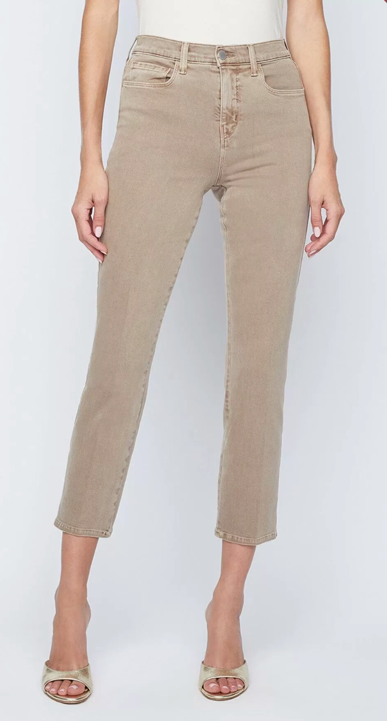 Neutral-toned high-rise cropped straight-leg jeans featuring a classic five-pocket design and zip fly fastening, styled with a relaxed yet polished fit.