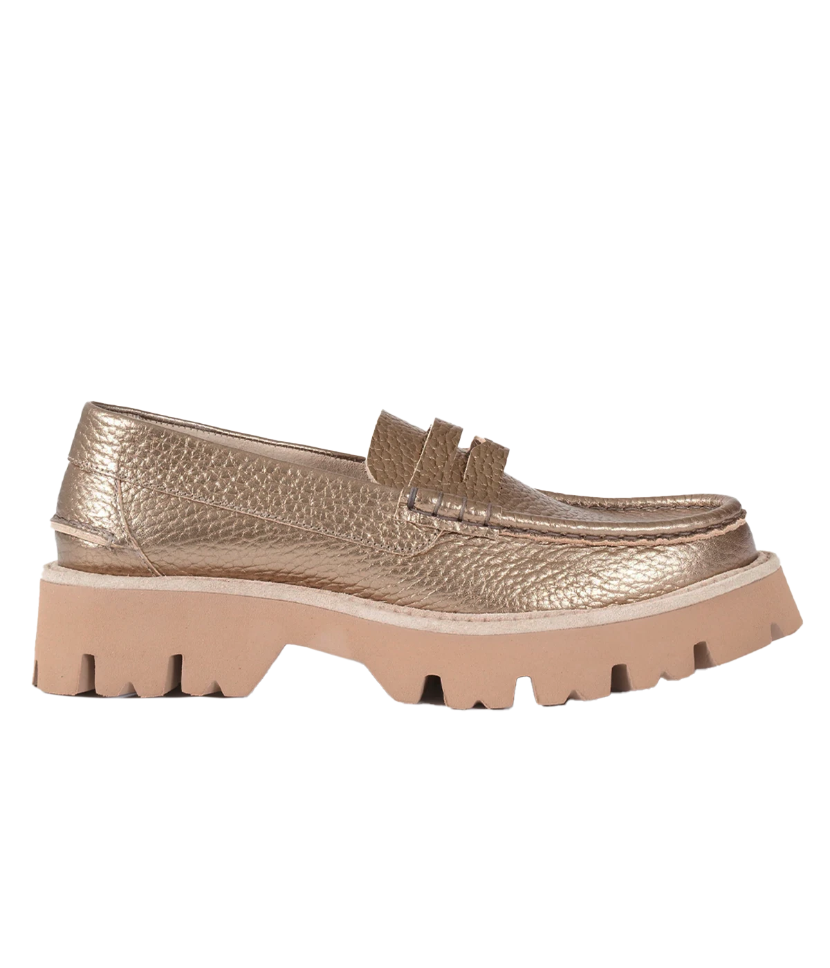 ALT Text: Beige leather slip-on loafers with a metallic finish, round toe, notched vamp, and chunky lug sole.