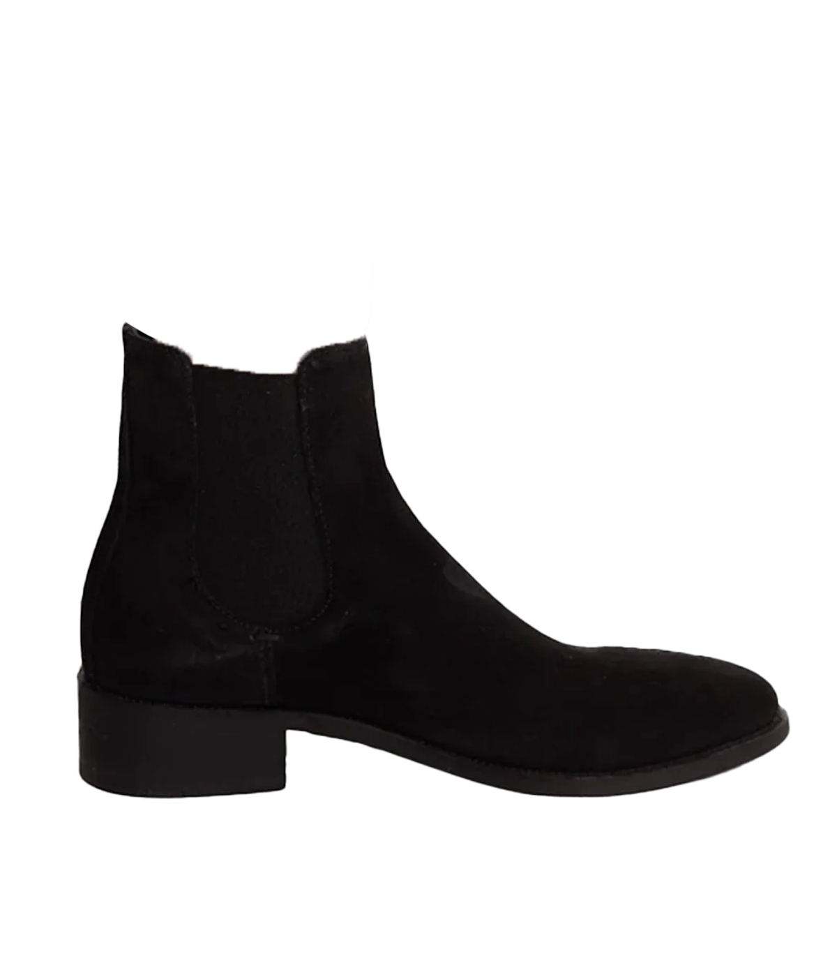 ALT Text: Officine Creative Seline Chelsea boots in jet-black suede leather with a rounded almond toe, side stretch fabric inserts, tone-on-tone grosgrain heel loop tab, and low stacked heel.