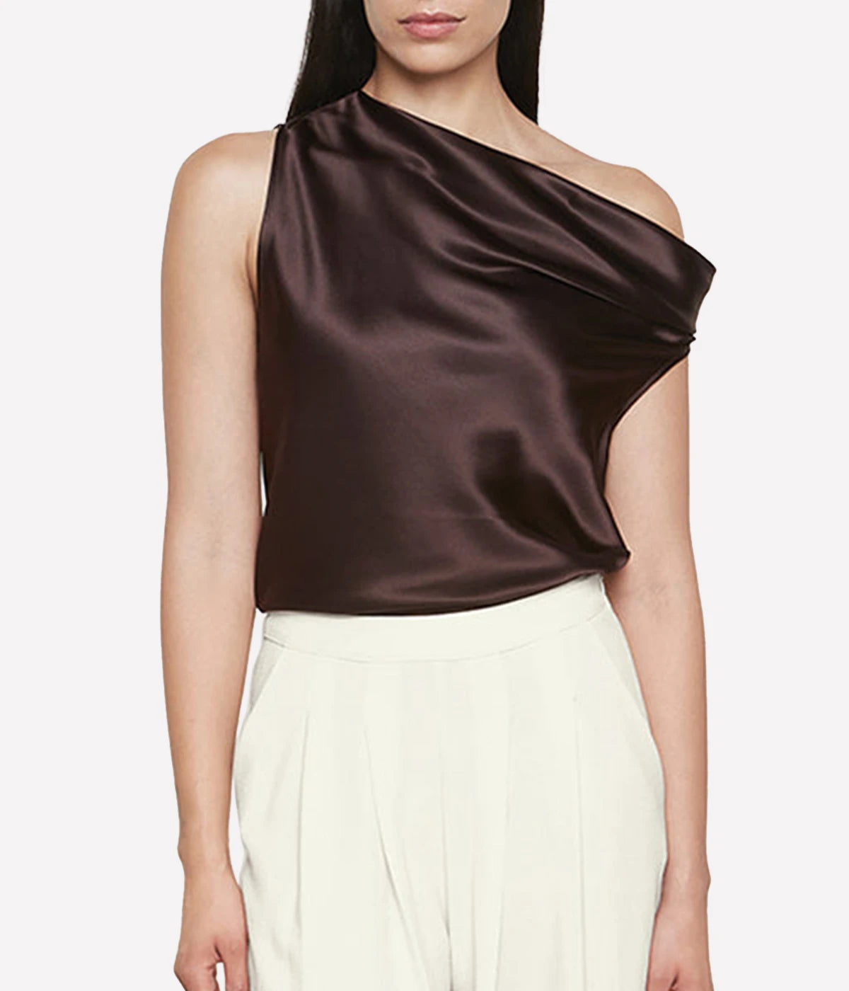 Silk Bias Off Shoulder Top in Brown