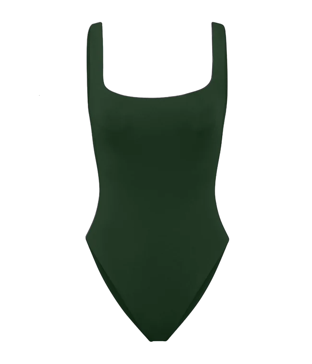 A sleek, olive green one-piece swimsuit with soft straps, square neckline, and high-cut leg. The swimsuit features medium bum coverage and is made from a premium fabric blend. The suit is designed for all body types, available in regular and long torso lengths, with a compressive fit that’s soft, durable, and fade-resistant. Ideal for chlorine and saltwater.