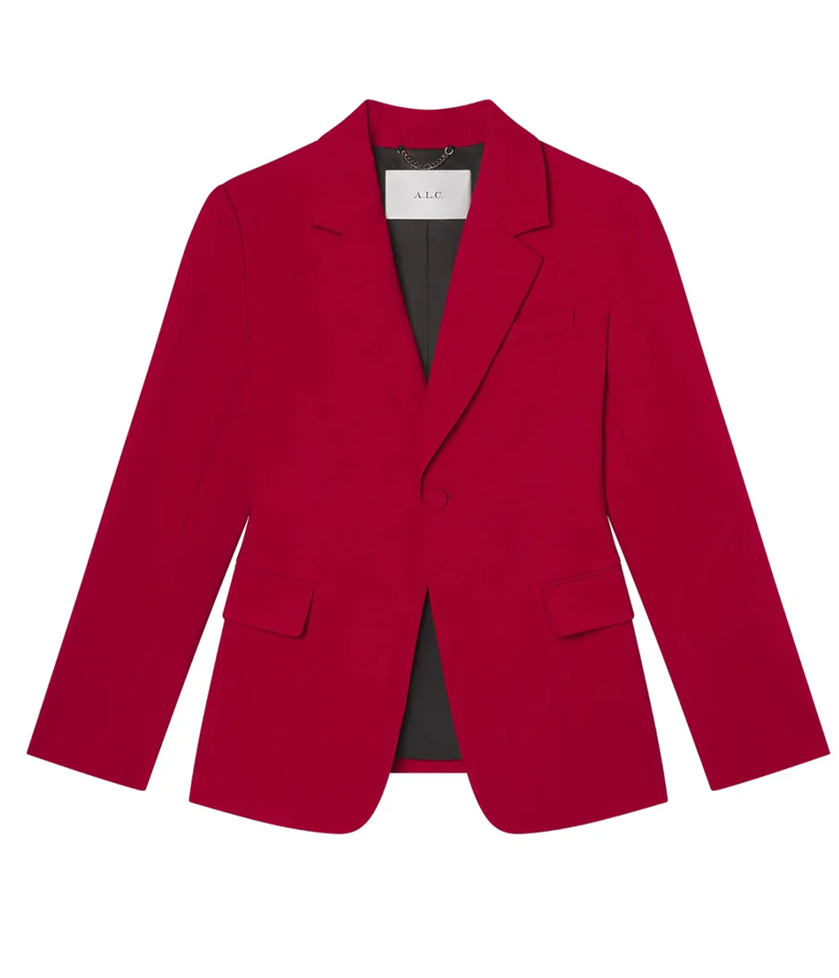 ALT text: Red drapey wool gabardine blazer with sharp shoulders, nipped-in waist, and cutaway front.