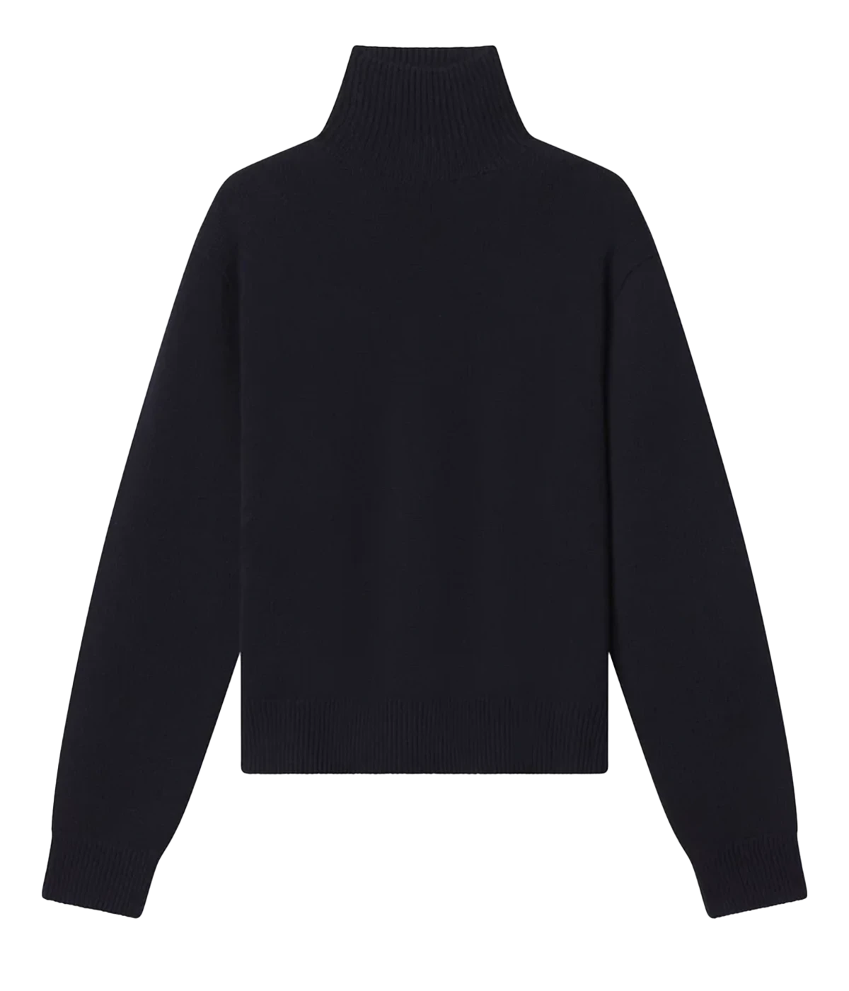 ALT text: Deep navy cashmere turtleneck sweater with dropped shoulders and knuckle-grazing sleeves.