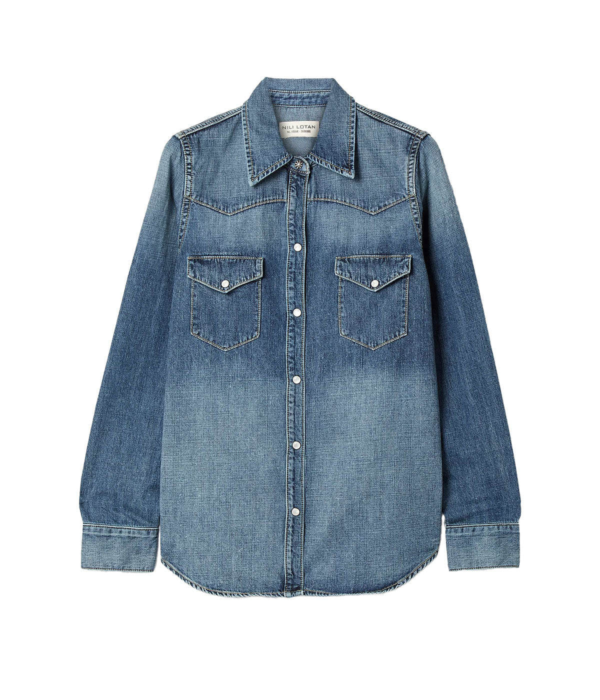 ALT Text: Classic button-down shirt with western detailing, crafted from soft stretch denim.