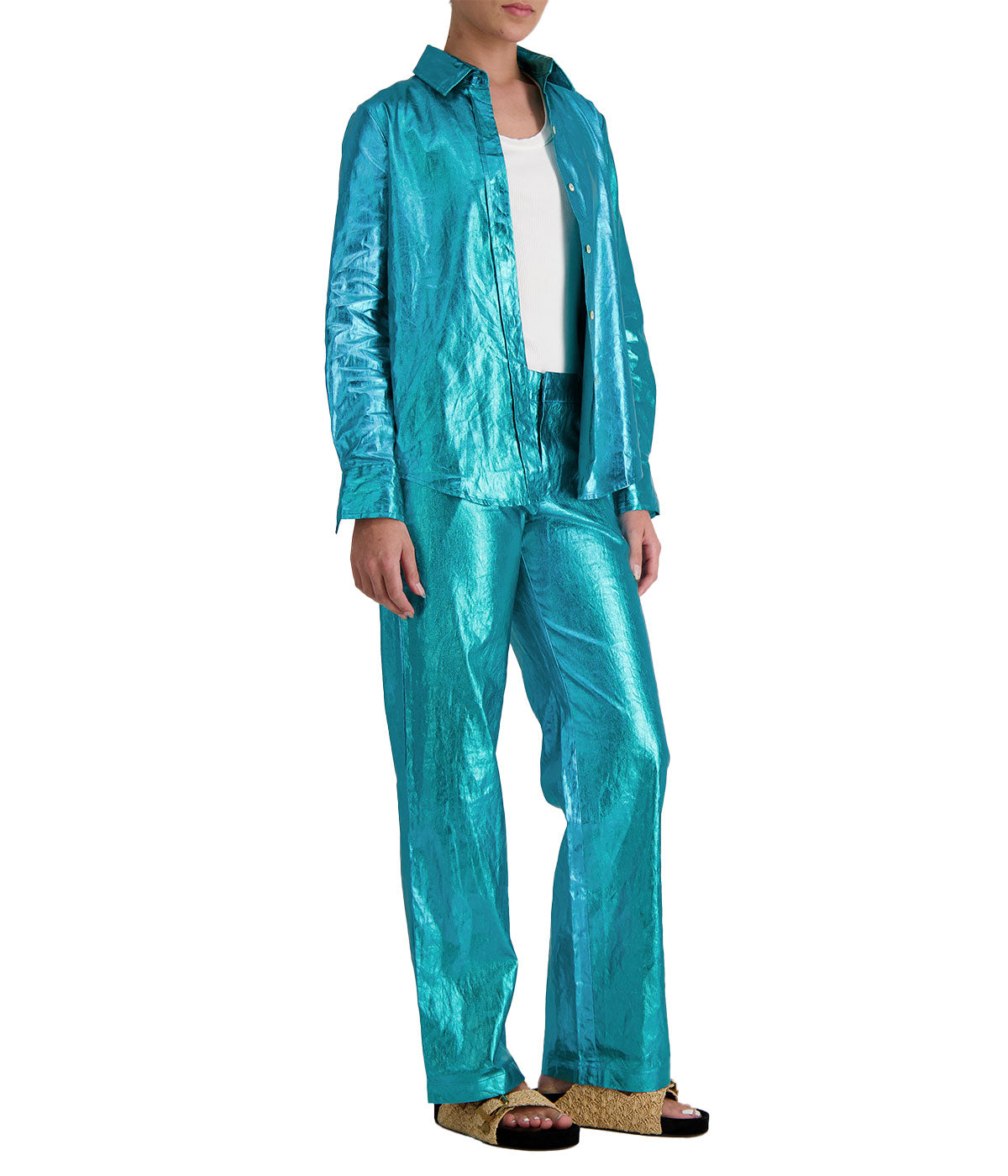 Astro Metallic Linen Pant in Turquoise