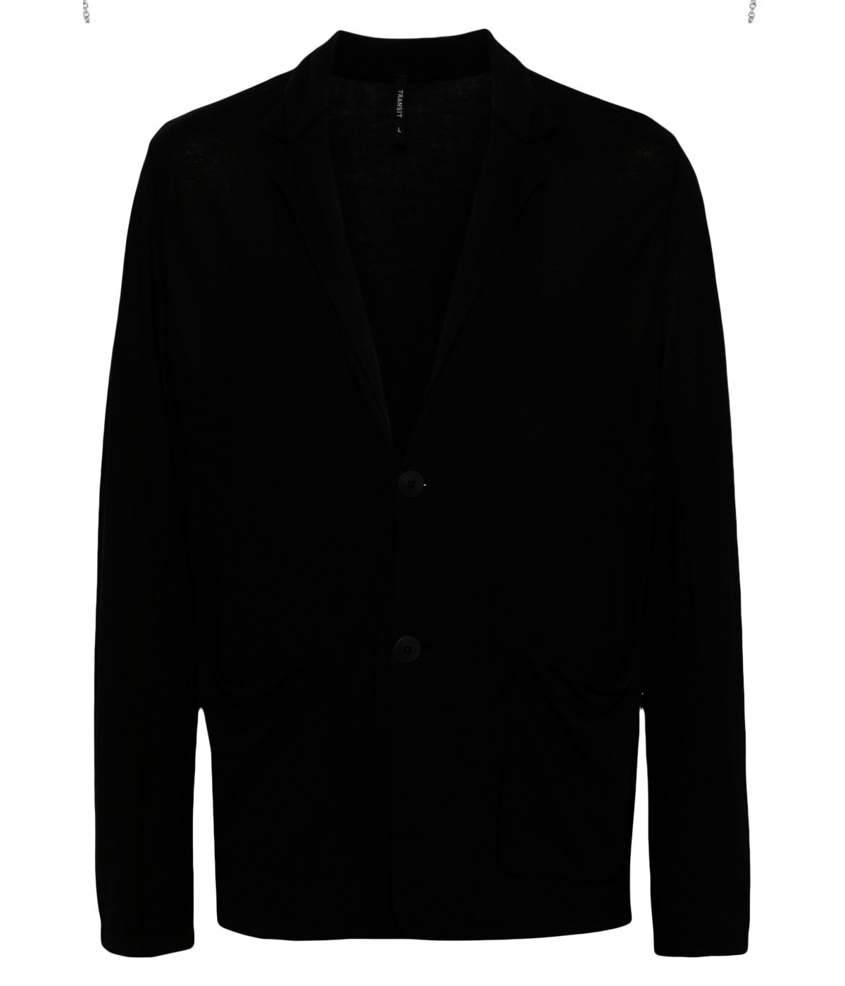 ALT text: A black cotton blazer by Transit with a single-button closure, notched lapels, and a slightly relaxed fit, perfect for versatile styling.