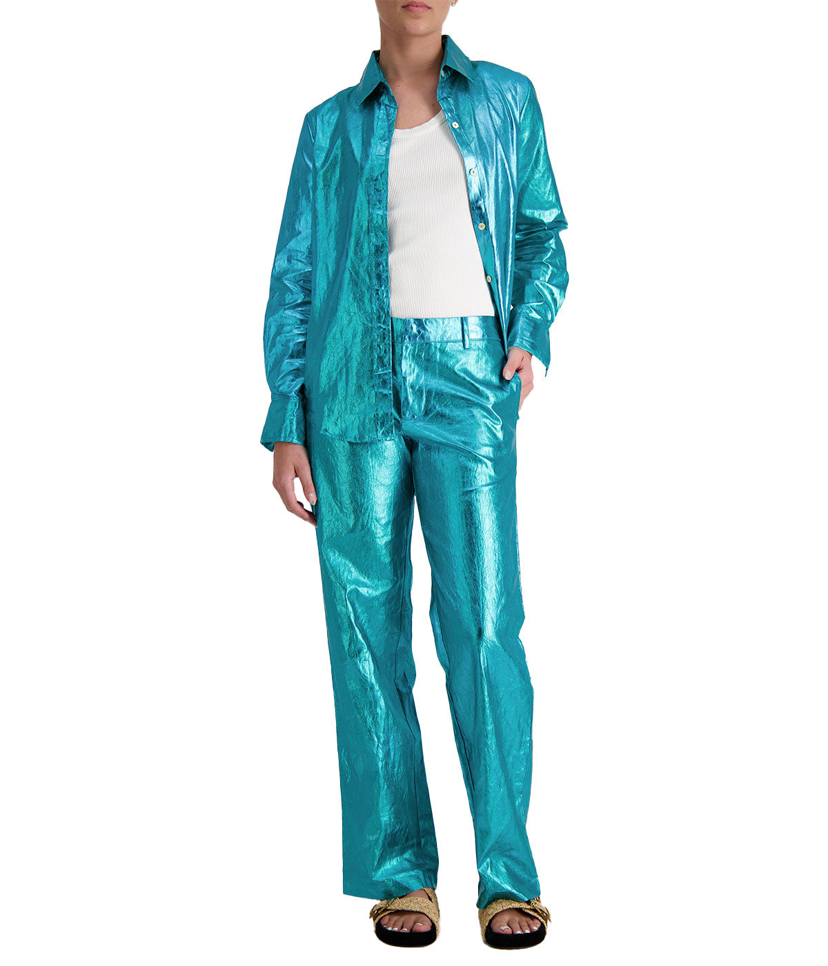 Astro Metallic Linen Pant in Turquoise