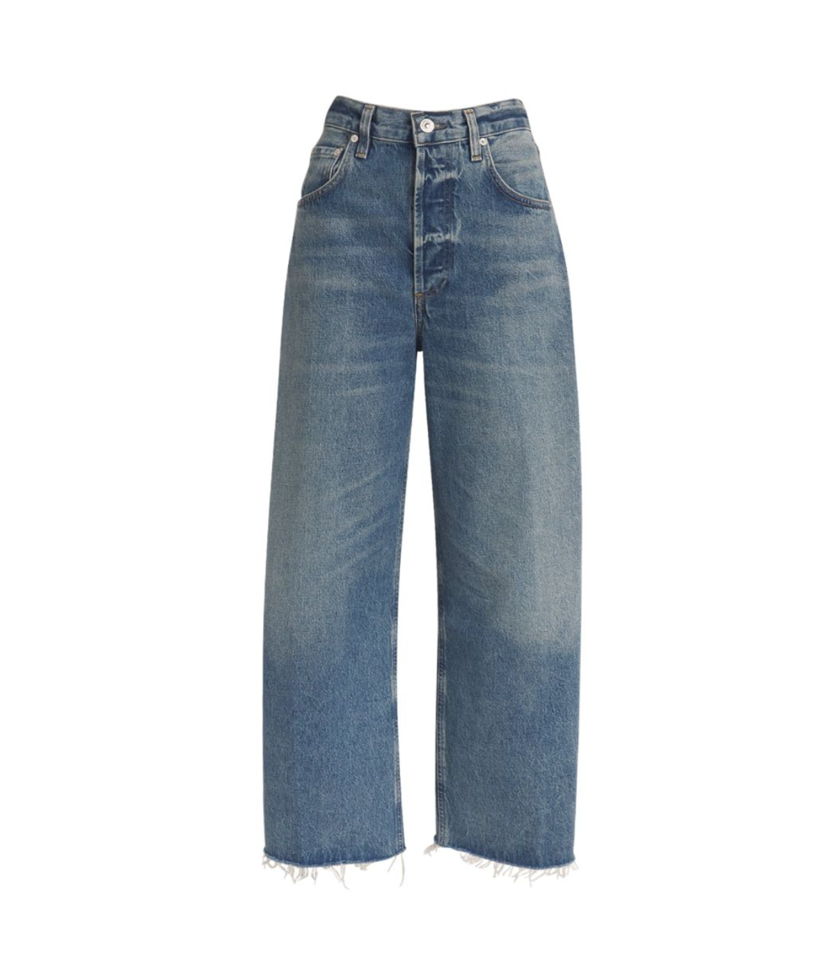 Ayla Raw Hem Crop Jean in medium indigo, featuring a relaxed rise, easy leg, and cropped inseam with fading and whiskering, crafted from 100% regenerative cotton.