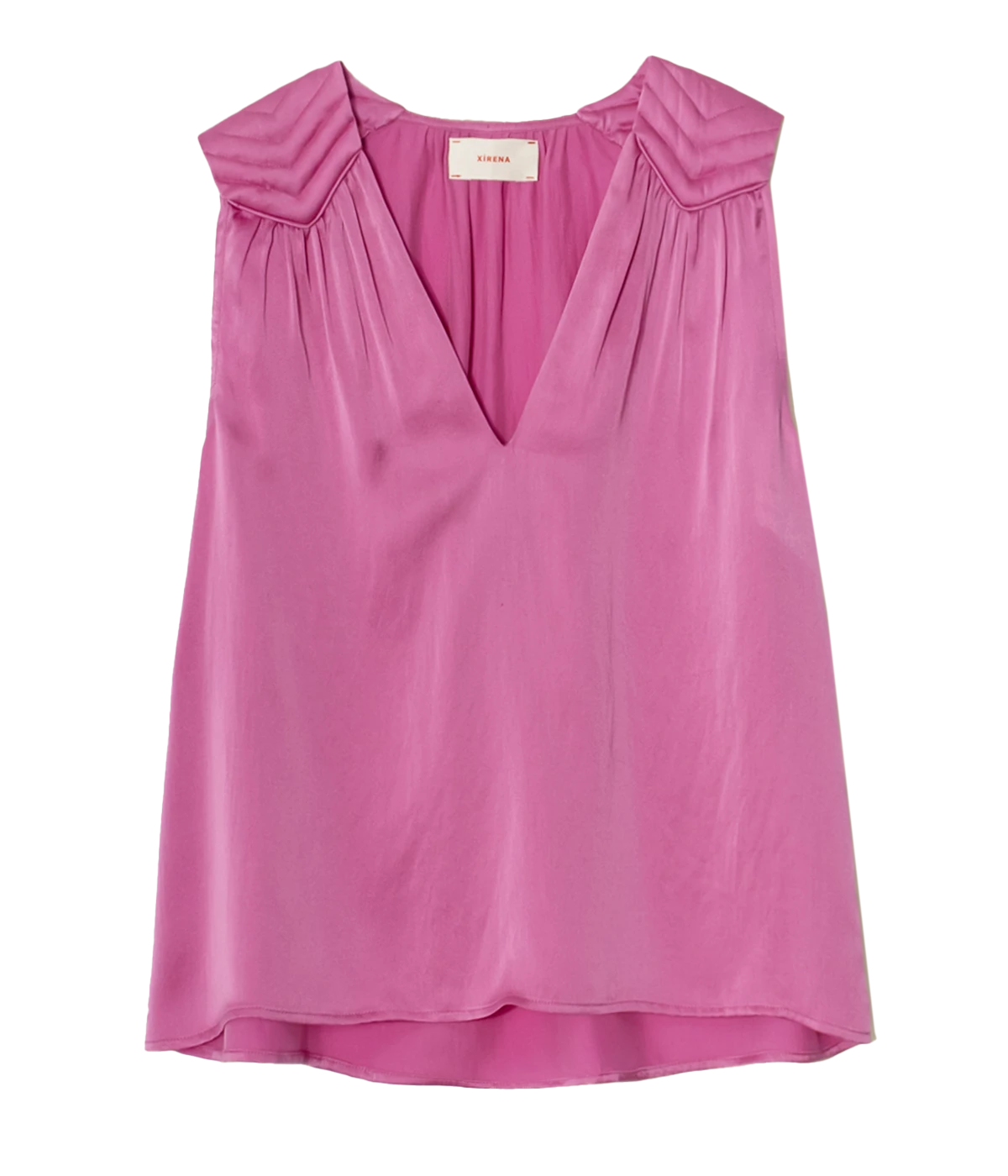 An elevated tank top in a hot pink colourway, sleeveless, shoulder pad geometric shape detailing, v neckline, bra friendly, summer staple, summer tank, casual, throw on and go, made in usa.